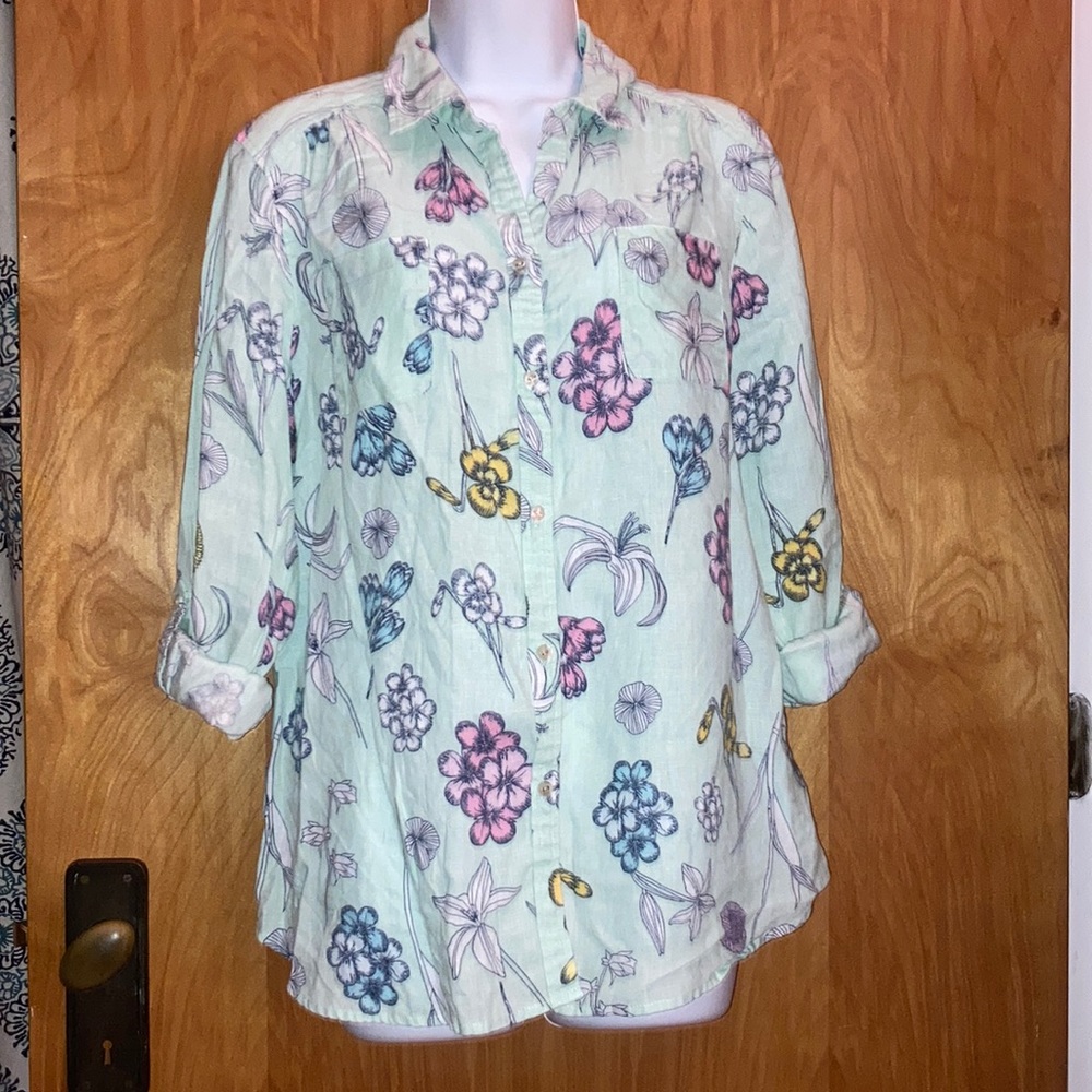 Charter Club Luxury Aqua Floral Linen Button Up Top Size Large